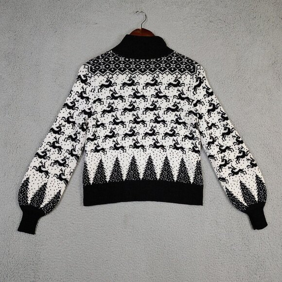 Loft Sweater Women XS Ivory Reindeer Wool Blend 1/4 Zip Balloon Sleeve Christmas - Picture 2 of 13